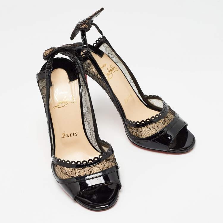 Pre Owned Christian Louboutin Black Lace and Patent Leather Hot Spring Butterfly Pumps Size 37.5