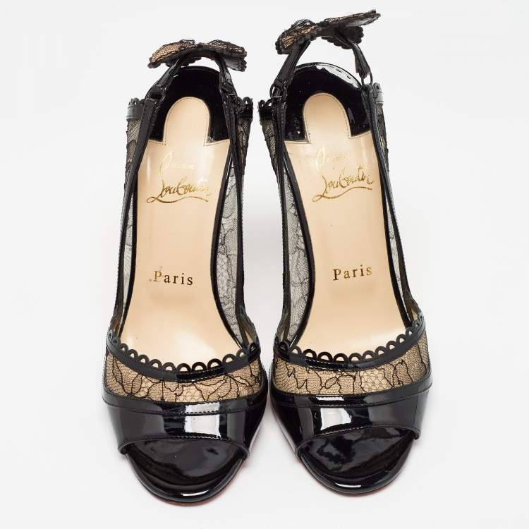 Pre Owned Christian Louboutin Black Lace and Patent Leather Hot Spring Butterfly Pumps Size 37.5