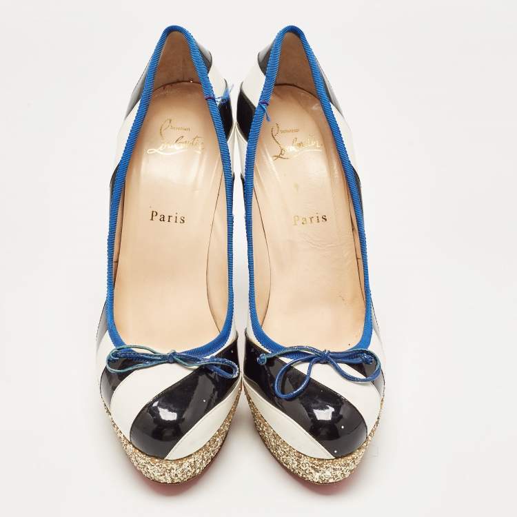 Pre Owned Christian Louboutin White/Black Striped Leather and Patent Foraine Pumps Size 39