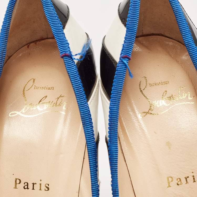 Pre Owned Christian Louboutin White/Black Striped Leather and Patent Foraine Pumps Size 39