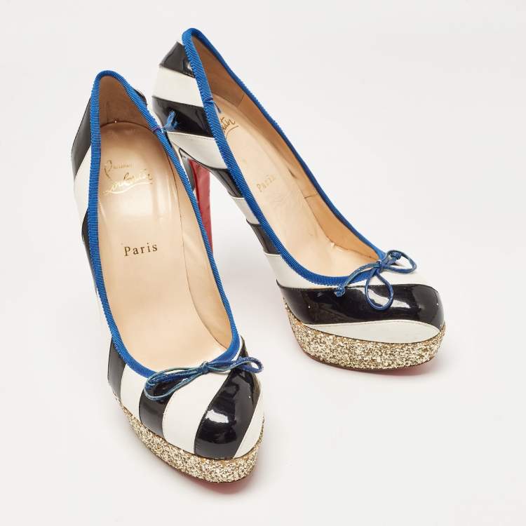 Pre Owned Christian Louboutin White/Black Striped Leather and Patent Foraine Pumps Size 39