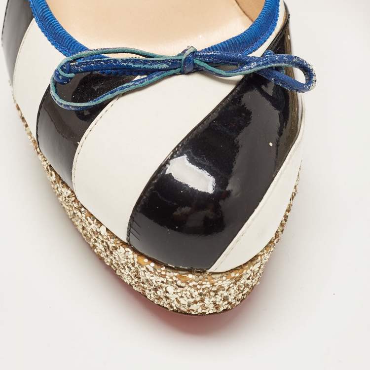 Pre Owned Christian Louboutin White/Black Striped Leather and Patent Foraine Pumps Size 39