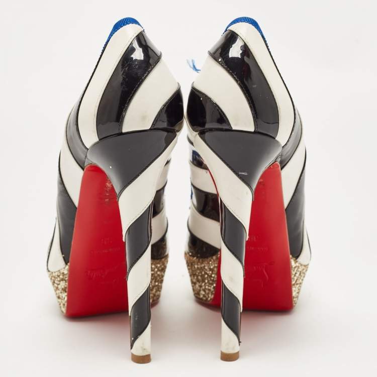 Pre Owned Christian Louboutin White/Black Striped Leather and Patent Foraine Pumps Size 39