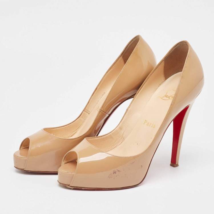 Pre Owned Christian Louboutin Beige Patent Lady Peep Pumps Size 36