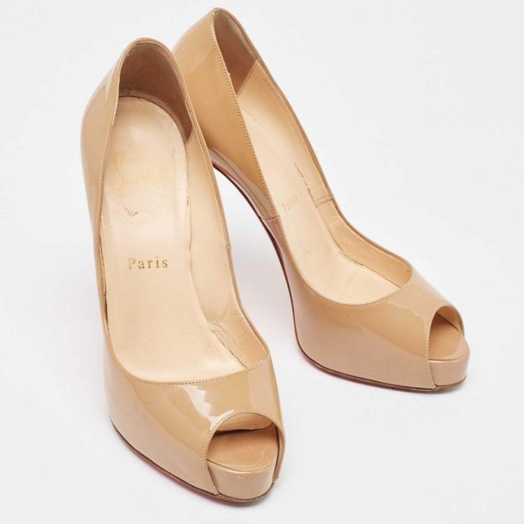 Pre Owned Christian Louboutin Beige Patent Lady Peep Pumps Size 36