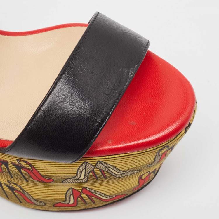 Pre Owned Christian Louboutin Black Leather Printed Platform Block Heel Ankle Strap Sandals Size 35
