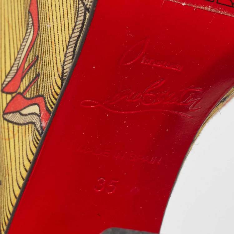 Pre Owned Christian Louboutin Black Leather Printed Platform Block Heel Ankle Strap Sandals Size 35