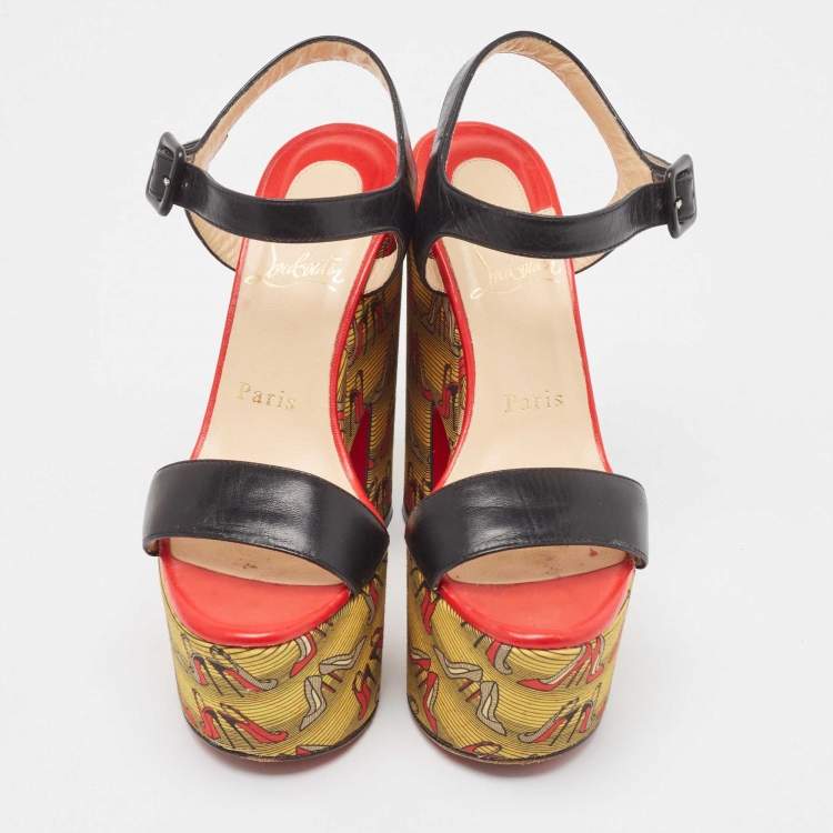 Pre Owned Christian Louboutin Black Leather Printed Platform Block Heel Ankle Strap Sandals Size 35