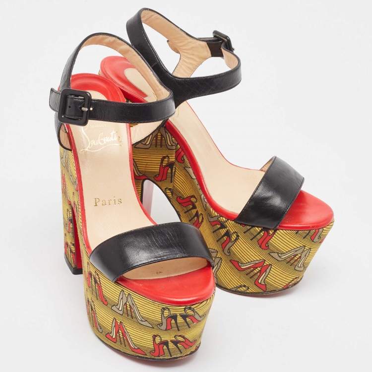 Pre Owned Christian Louboutin Black Leather Printed Platform Block Heel Ankle Strap Sandals Size 35