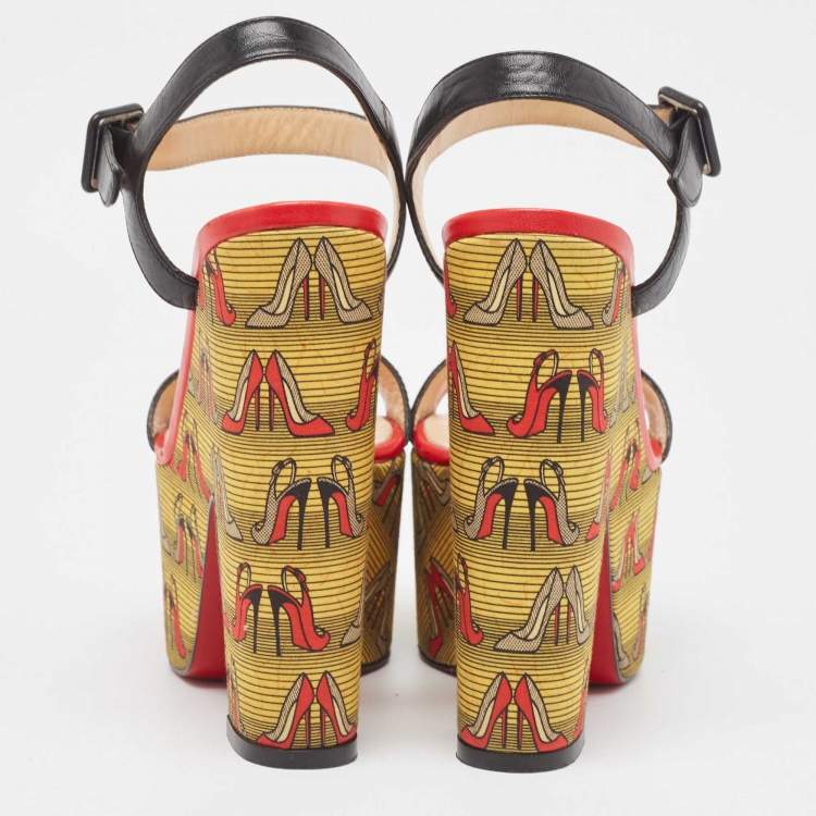 Pre Owned Christian Louboutin Black Leather Printed Platform Block Heel Ankle Strap Sandals Size 35