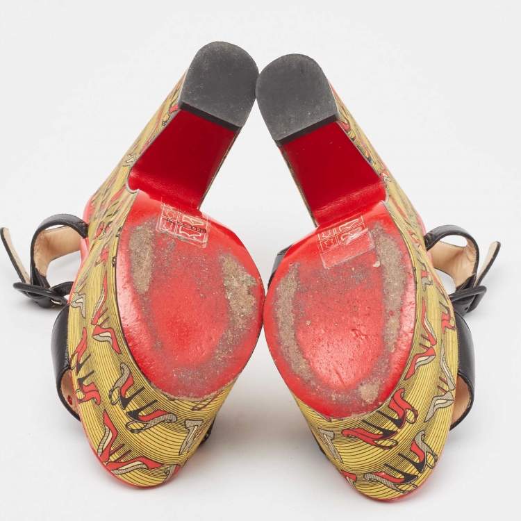 Pre Owned Christian Louboutin Black Leather Printed Platform Block Heel Ankle Strap Sandals Size 35