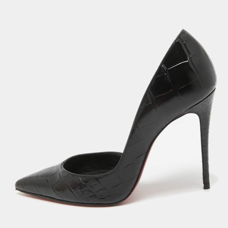 Pre Owned Christian Louboutin Black Croc Embossed Leather Iriza Pumps Size 36.5