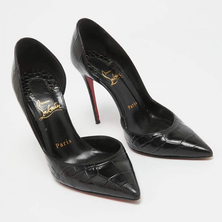 Pre Owned Christian Louboutin Black Croc Embossed Leather Iriza Pumps Size 36.5