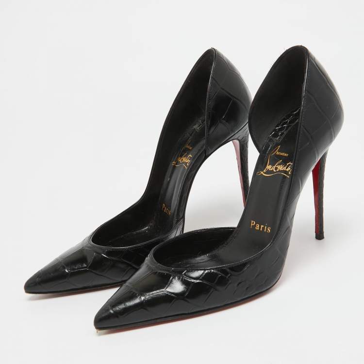 Pre Owned Christian Louboutin Black Croc Embossed Leather Iriza Pumps Size 36.5