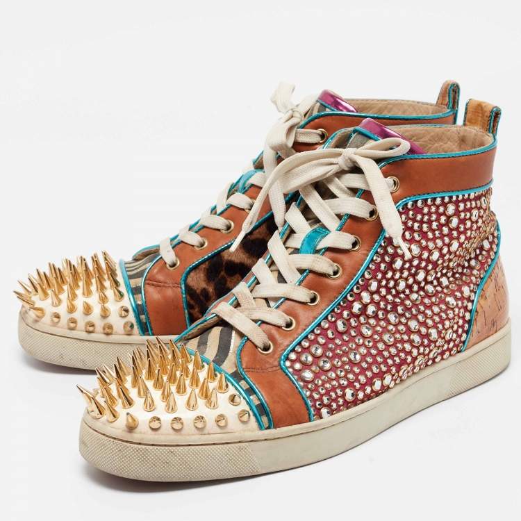 Pre Owned Christian Louboutin Multicolor Cork and Suede Bubble Spike Louis Sneakers Size 42.5