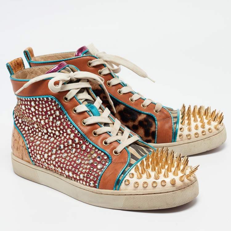 Pre Owned Christian Louboutin Multicolor Cork and Suede Bubble Spike Louis Sneakers Size 42.5