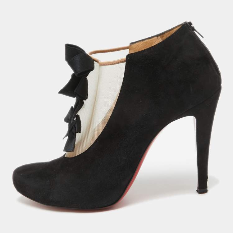 Pre Owned Christian Louboutin Black Suede and Mesh Triple Bow Booties Size 38.5