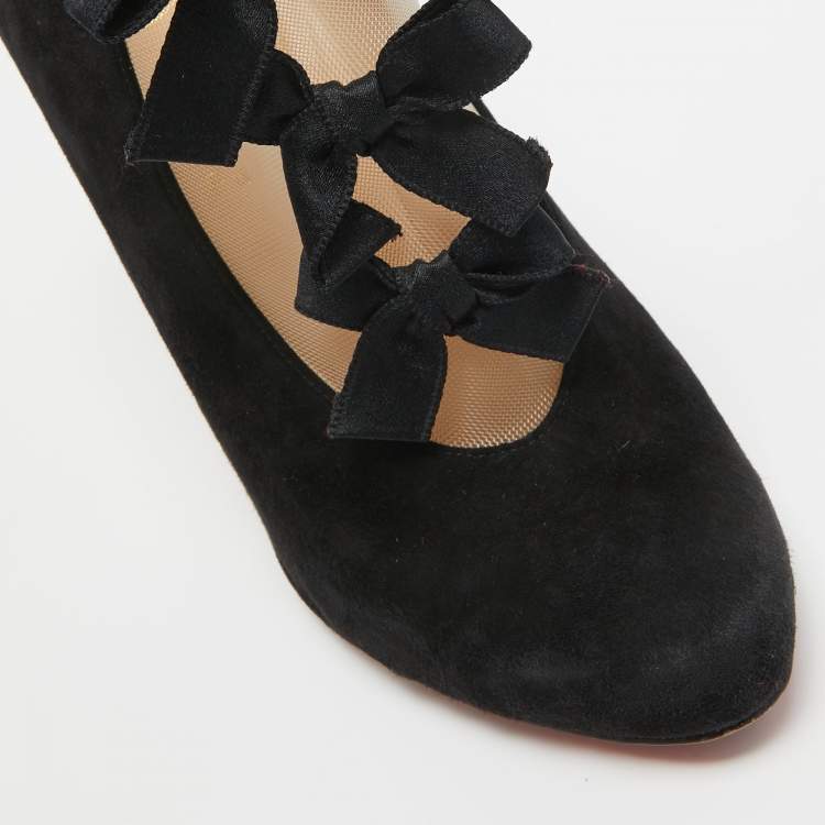 Pre Owned Christian Louboutin Black Suede and Mesh Triple Bow Booties Size 38.5