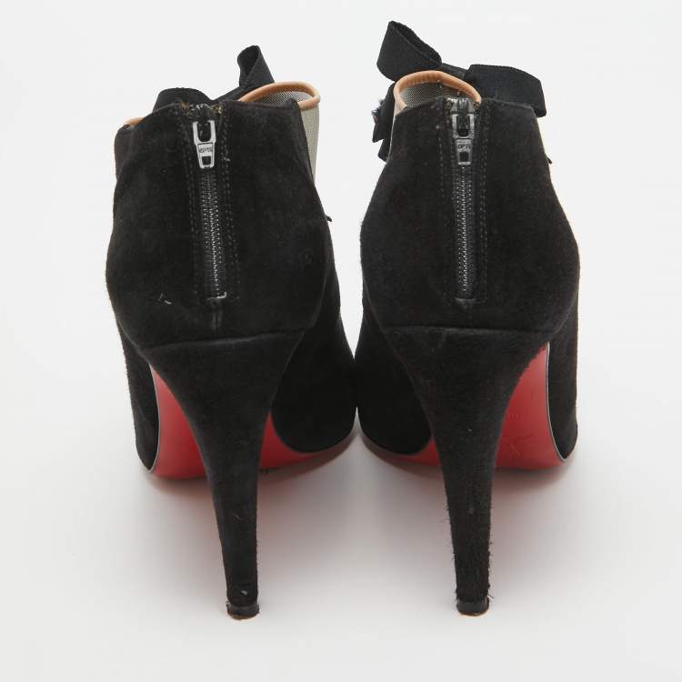 Pre Owned Christian Louboutin Black Suede and Mesh Triple Bow Booties Size 38.5