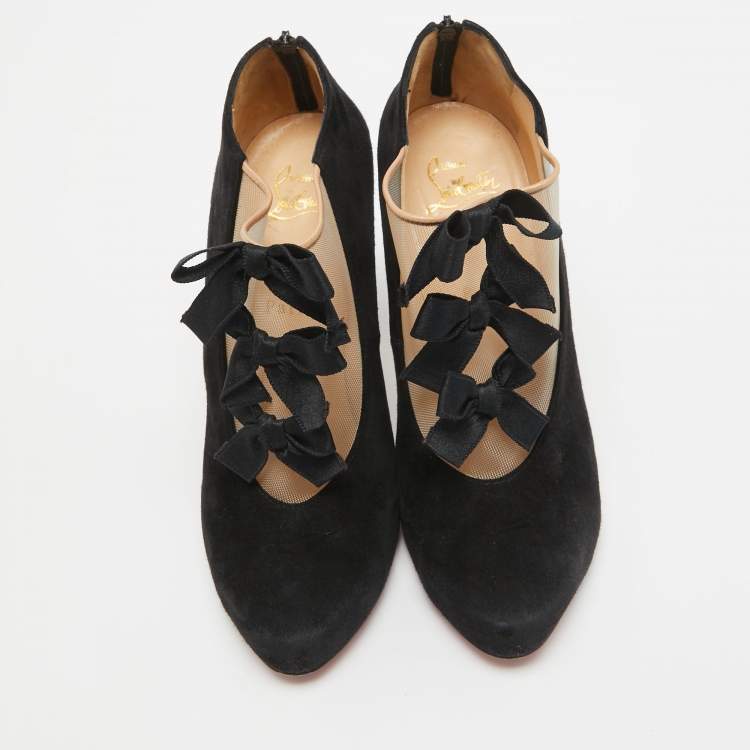 Pre Owned Christian Louboutin Black Suede and Mesh Triple Bow Booties Size 38.5
