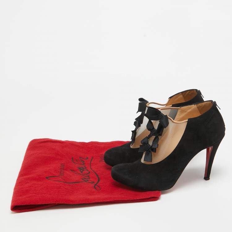 Pre Owned Christian Louboutin Black Suede and Mesh Triple Bow Booties Size 38.5
