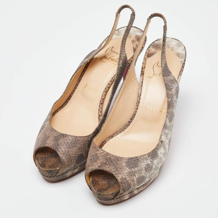 مملوكة مسبقًا Christian Louboutin Brown Karung Peep Toe Slingback Pumps Size 37.5