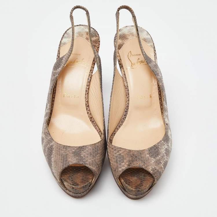 مملوكة مسبقًا Christian Louboutin Brown Karung Peep Toe Slingback Pumps Size 37.5