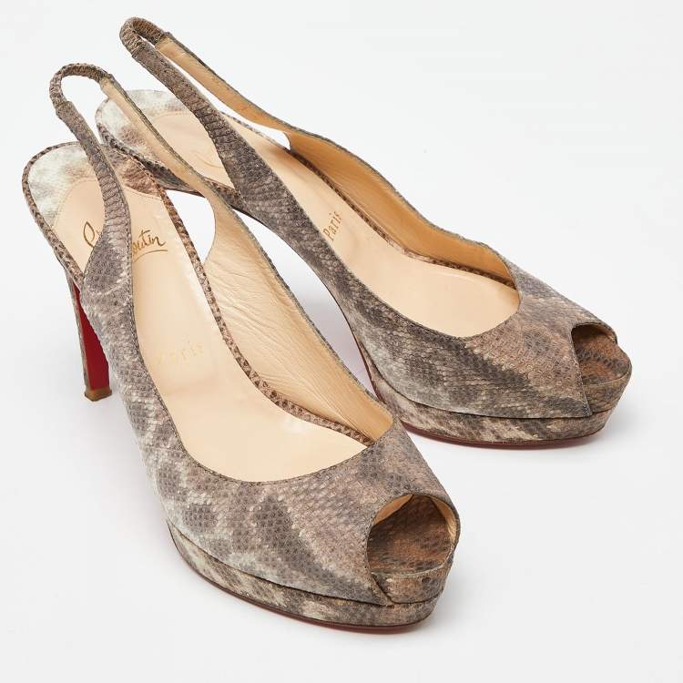 مملوكة مسبقًا Christian Louboutin Brown Karung Peep Toe Slingback Pumps Size 37.5