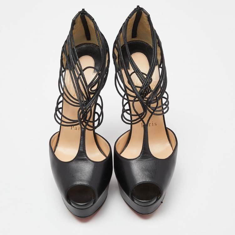 Pre Owned Christian Louboutin Black Leather Confusalta Platform Sandals Size 37.5