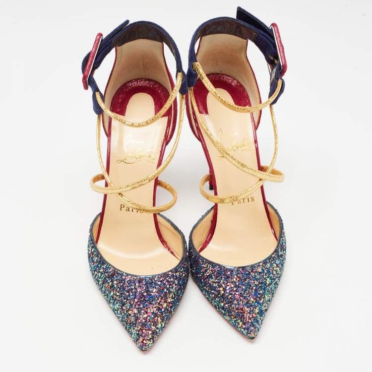 Pre Owned Christian Louboutin Multicolor Suede and Glitter Suzzanne Pumps Size 38