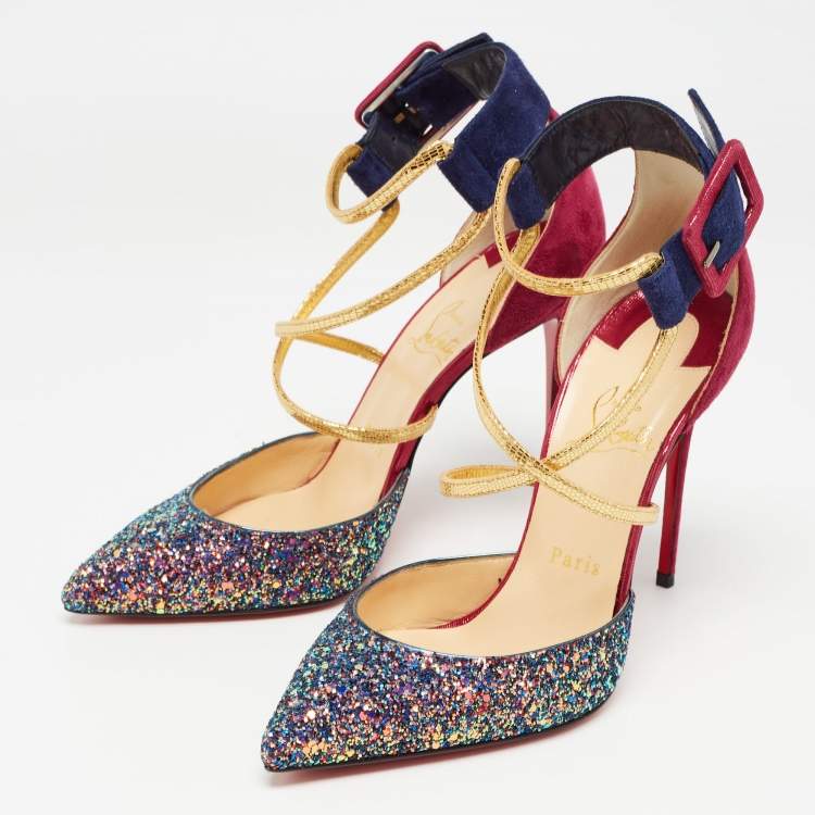Pre Owned Christian Louboutin Multicolor Suede and Glitter Suzzanne Pumps Size 38