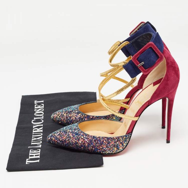 Pre Owned Christian Louboutin Multicolor Suede and Glitter Suzzanne Pumps Size 38