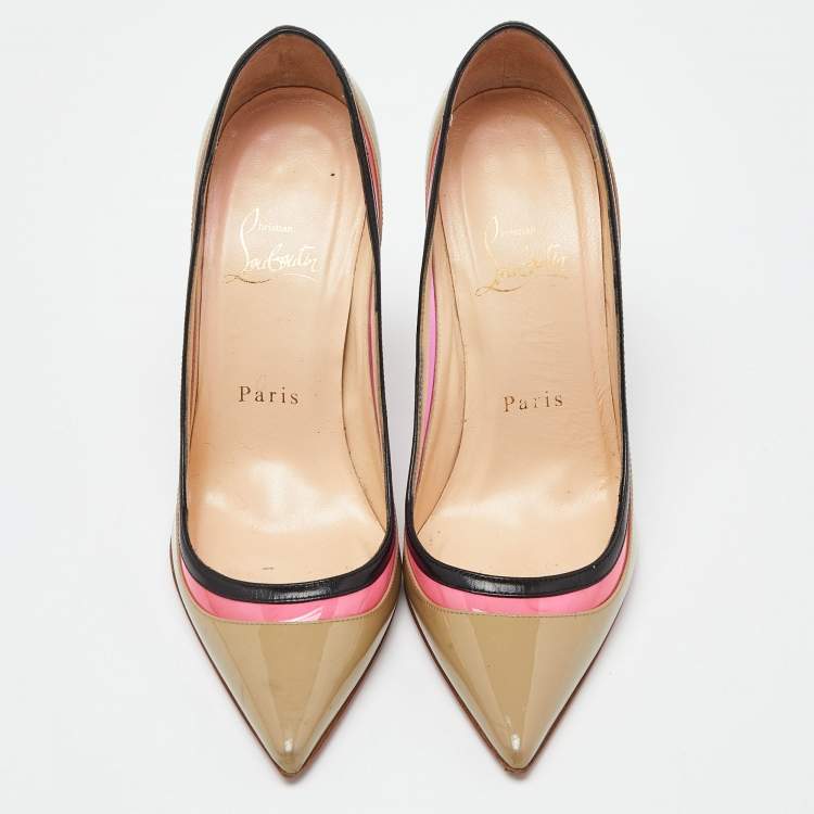 Pre Owned Christian Louboutin Beige/Pink Patent Leather and PVC Paulina Pumps Size 36