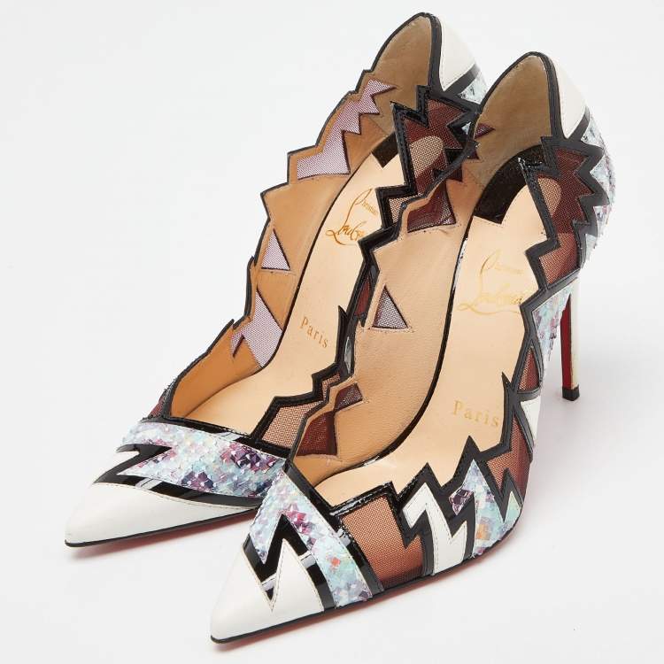 Pre Owned Christian Louboutin Multicolor Python and Mesh Explorete Pigalle Zig Zag Trim Pointed Toe Pumps Size 36.5