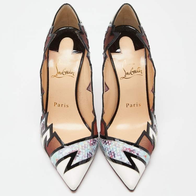Pre Owned Christian Louboutin Multicolor Python and Mesh Explorete Pigalle Zig Zag Trim Pointed Toe Pumps Size 36.5