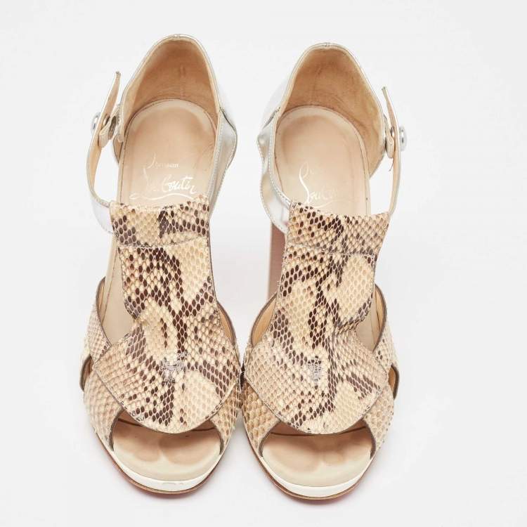 Pre Owned Christian Louboutin Sliver/Beige Python Leather And Foil Leather Ankle Strap Sandals Size 36