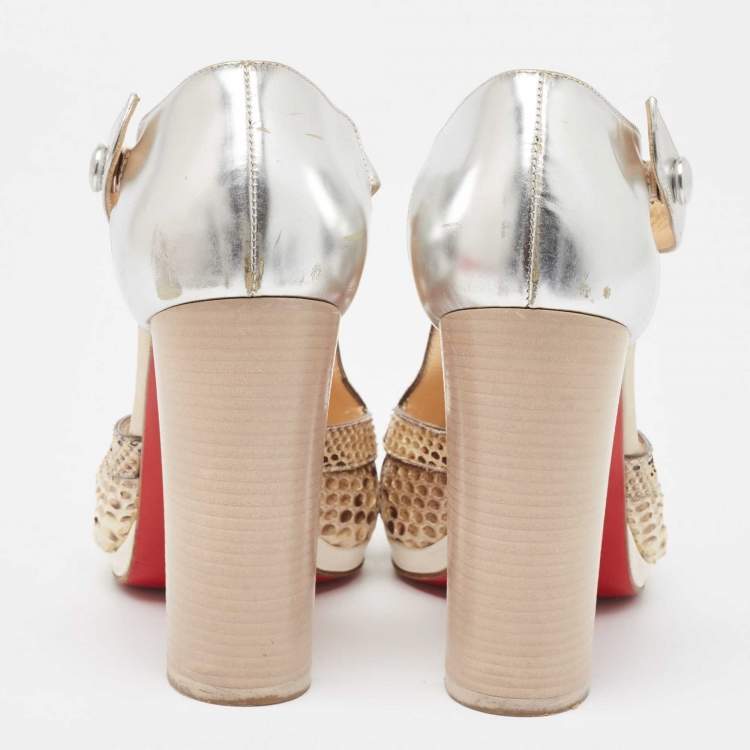 Pre Owned Christian Louboutin Sliver/Beige Python Leather And Foil Leather Ankle Strap Sandals Size 36