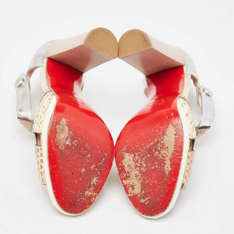 Pre Owned Christian Louboutin Sliver/Beige Python Leather And Foil Leather Ankle Strap Sandals Size 36