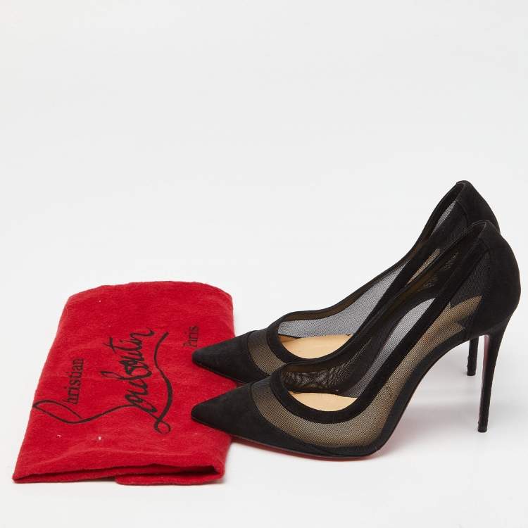 Pre Owned Christian Louboutin Black Suede and Mesh Galativi Strass Pumps Size 37.5