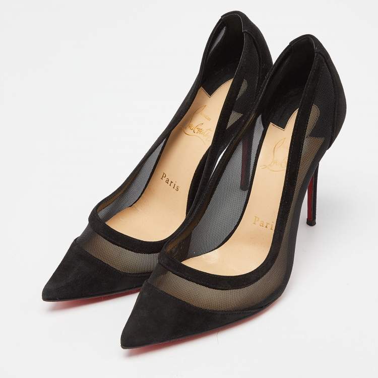 Pre Owned Christian Louboutin Black Suede and Mesh Galativi Strass Pumps Size 37.5