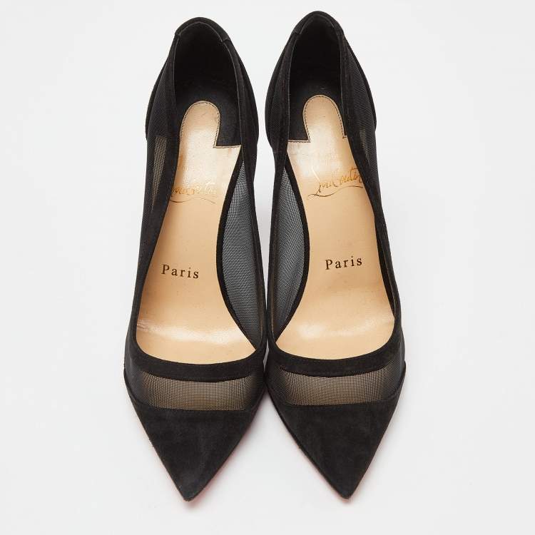 Pre Owned Christian Louboutin Black Suede and Mesh Galativi Strass Pumps Size 37.5