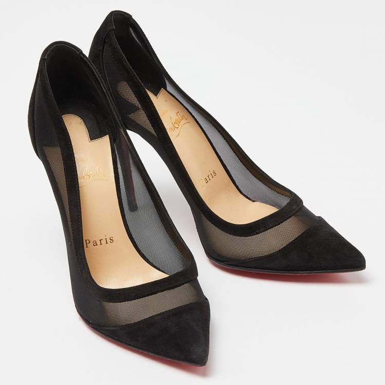 Pre Owned Christian Louboutin Black Suede and Mesh Galativi Strass Pumps Size 37.5