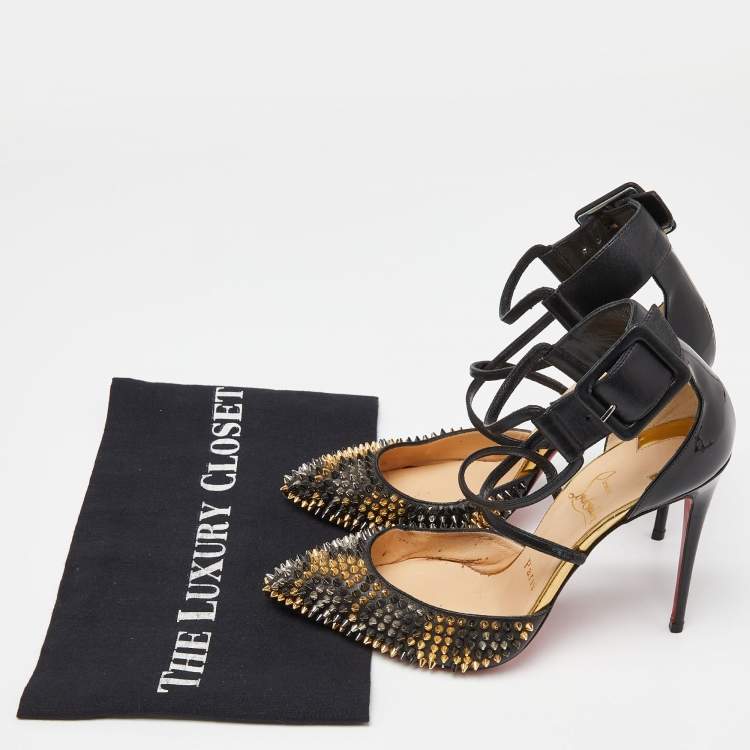 Pre Owned Christian Louboutin Black Leather and Patent Leather Suzanna Spikes Leo Ankle Cuff Sandals Size 36