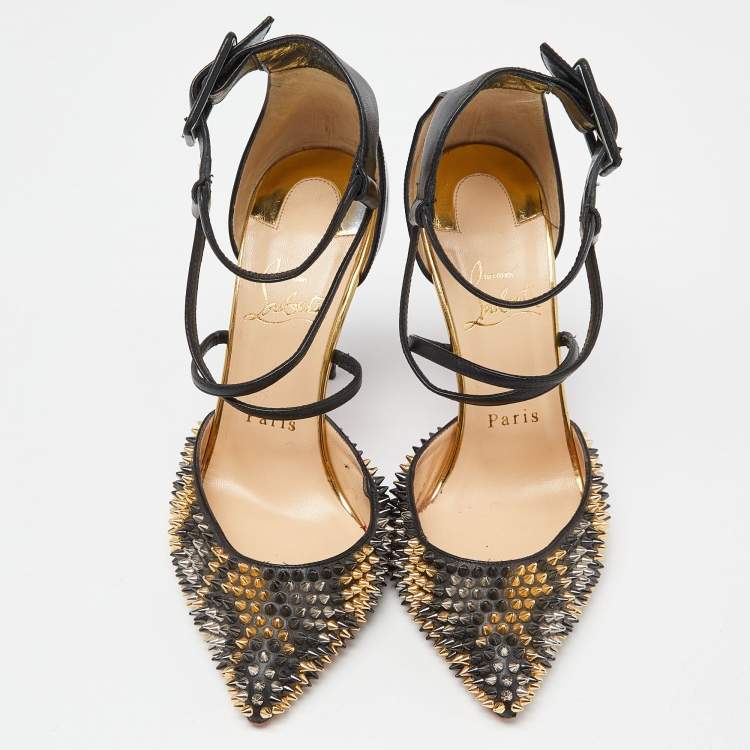 Pre Owned Christian Louboutin Black Leather and Patent Leather Suzanna Spikes Leo Ankle Cuff Sandals Size 36