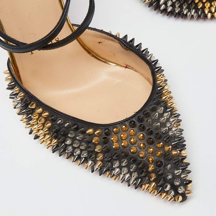 Pre Owned Christian Louboutin Black Leather and Patent Leather Suzanna Spikes Leo Ankle Cuff Sandals Size 36