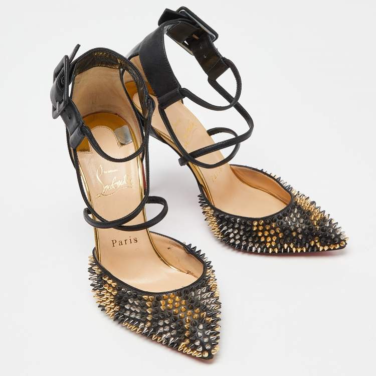 Pre Owned Christian Louboutin Black Leather and Patent Leather Suzanna Spikes Leo Ankle Cuff Sandals Size 36