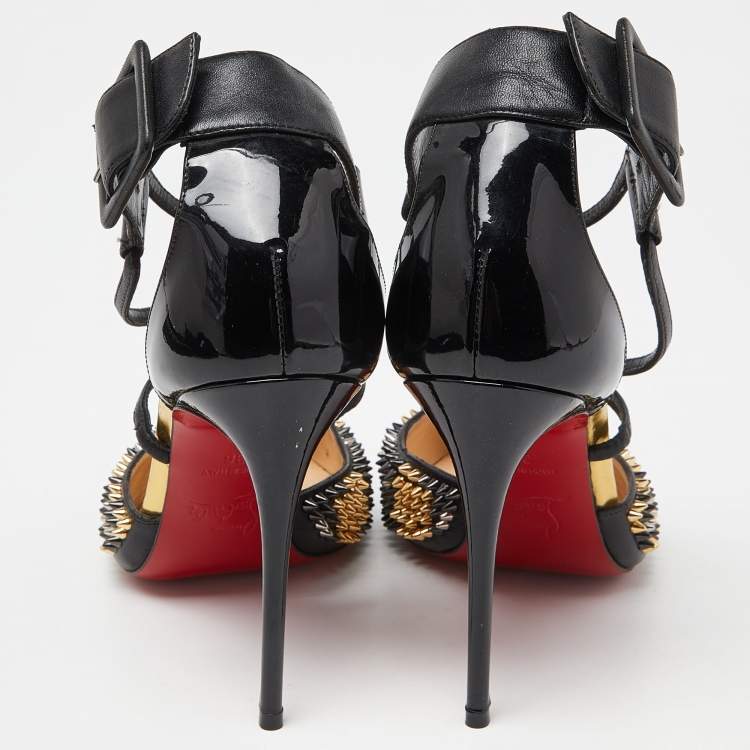 Pre Owned Christian Louboutin Black Leather and Patent Leather Suzanna Spikes Leo Ankle Cuff Sandals Size 36