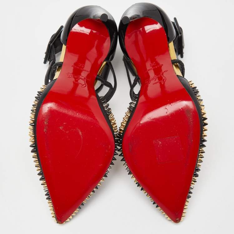 Pre Owned Christian Louboutin Black Leather and Patent Leather Suzanna Spikes Leo Ankle Cuff Sandals Size 36