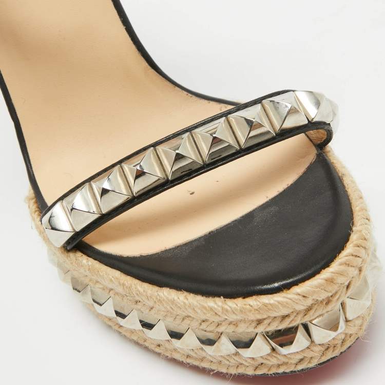 Pre Owned Christian Louboutin Black Leather Pyraclou Wedge Sandals Size 41