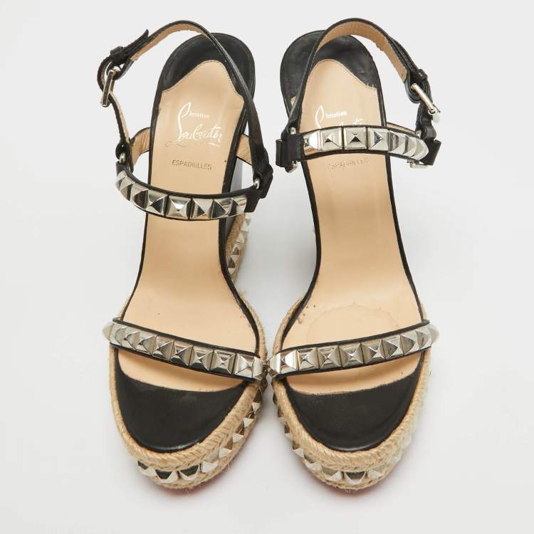 Pre Owned Christian Louboutin Black Leather Pyraclou Wedge Sandals Size 41